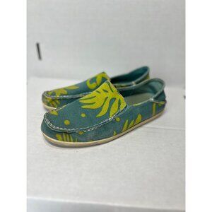 Olukai Nohea women size 6.5 Canvas Slip-On Shoes With Leaf Pattern In Teal & Yel